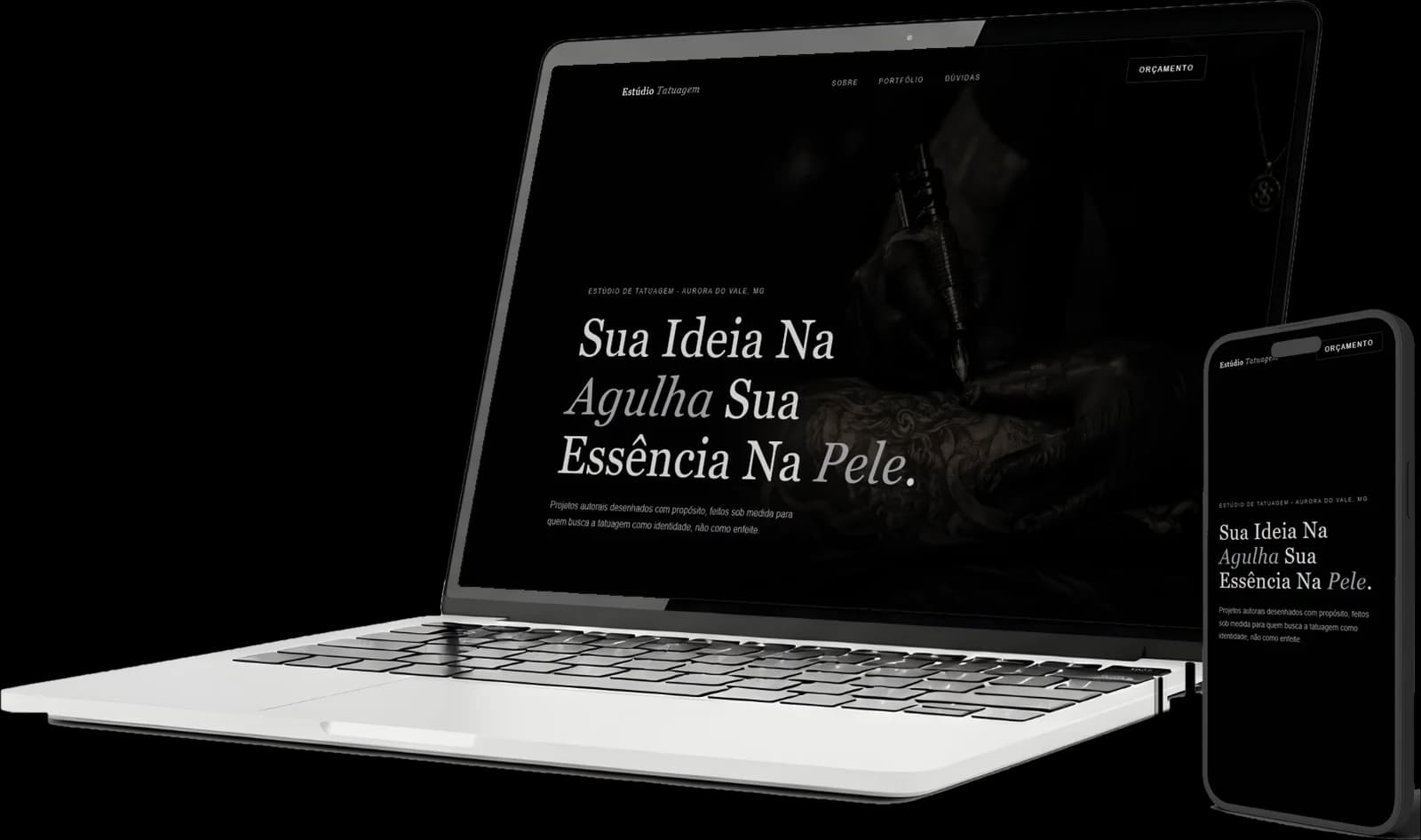 Site Estúdio Tatuagem aberto em um notebook e em um celular